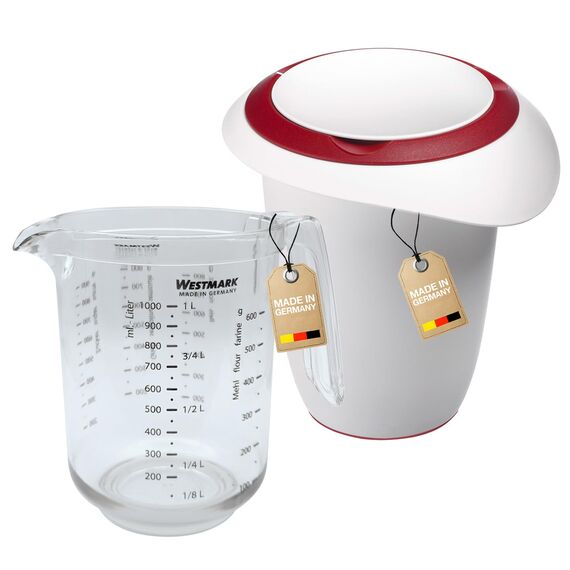 Westmark Set 2tlg, Messkanne 1 l und Quirltopf mit zweigeteiltem Deckel 1 l, Messkanne mit mehrsprachiger Skala, mit Ausgießer, Kunststoff, Gerda, Transparent/Weiß/Rot, 306822E6