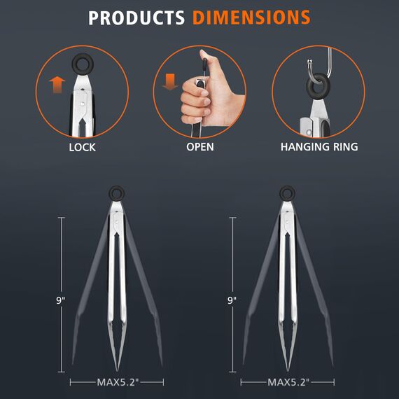 HOTEC Küchenzange Edelstahl Grillzange Hitzebeständigem Silikongriff, Verriegelbare Metallzange, Rutschfester Griff, 23 cm und 30,5 cm(Schwarz)