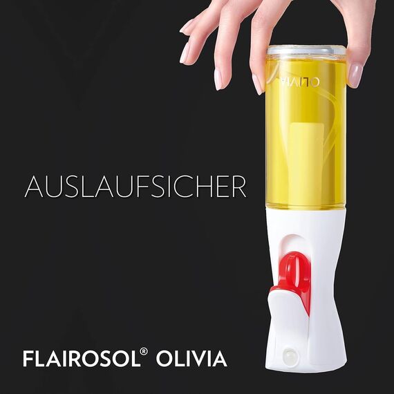 FLAIROSOL OLIVIA 130ml Glas-Ölsprüher - Kontinuierliche Ölsprühtechnik mit Portionskontrolle - Vielseitiger Ölzerstäuber zum Kochen, Salat, Grillen, Backen und für weitere Szenarien (Weißes Logo)