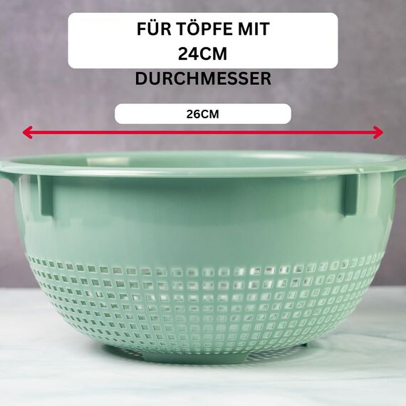 Westmark Seiher – Zwei große Küchensiebe mit 2 Griffmulden und 4 Aufsatzrasten zum Waschen von Gemüse und Abtropfen von Nudeln und mehr – Mint-grün, Kunststoff, ø 24 cm, 212622EM