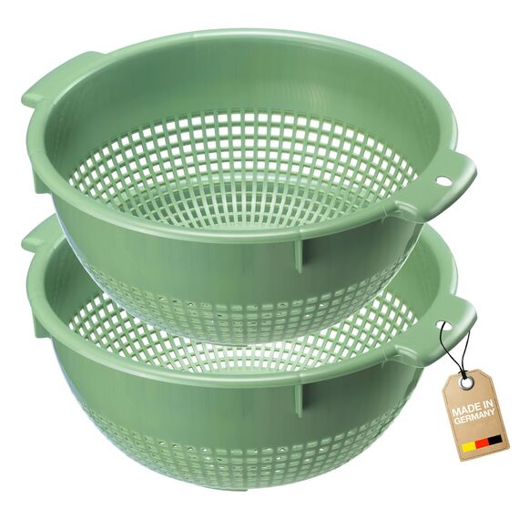 Westmark Seiher – Zwei große Küchensiebe mit 2 Griffmulden und 4 Aufsatzrasten zum Waschen von Gemüse und Abtropfen von Nudeln und mehr – Mint-grün, Kunststoff, ø 24 cm, 212622EM