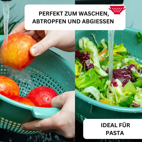 Westmark Seiher – Zwei große Küchensiebe mit 2 Griffmulden und 4 Aufsatzrasten zum Waschen von Gemüse und Abtropfen von Nudeln und mehr – Mint-grün, Kunststoff, ø 24 cm, 212622EM