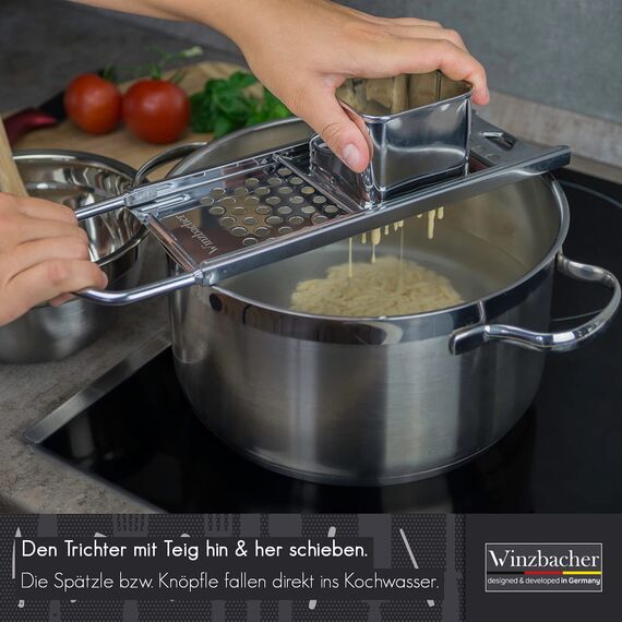 Winzbacher Edelstahl Spätzlehobel mit Teigschlitten [Topf Ø von 16-30cm] Spülmaschinenfest | Rostfrei | Spätzlereibe, Spätzlesieb, Spätzlepresse | für Spätzle & Knöpfle