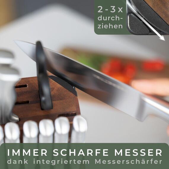 WALDWERK 11-teiliges Messerset mit integriertem Messerschärfer - Steakmesser, Küchenmesser Set - Messer Set mit Block