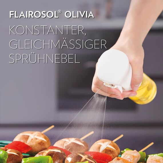 FLAIROSOL OLIVIA 130ml Glas-Ölsprüher - Kontinuierliche Ölsprühtechnik mit Portionskontrolle - Vielseitiger Ölzerstäuber zum Kochen, Salat, Grillen, Backen und für weitere Szenarien (Goldenes Logo)