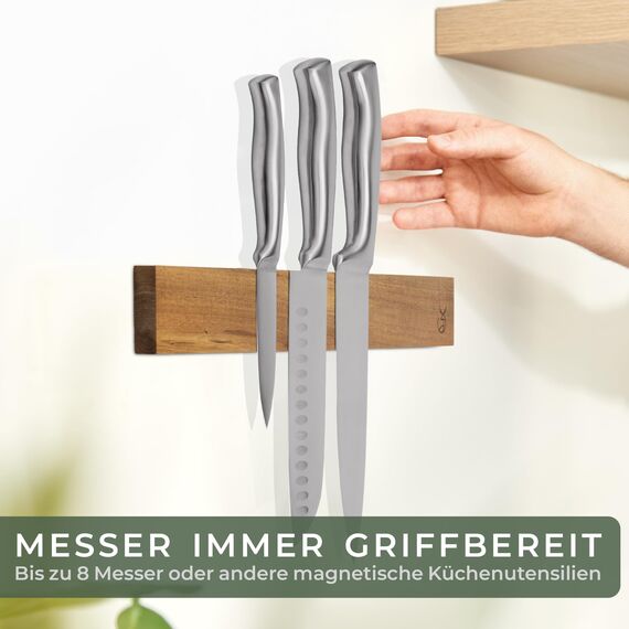 WALDWERK Magnetleiste aus Akazienholz (40x5cm) - Messerhalter für Schwere Messer - Zum Kleben oder Schrauben