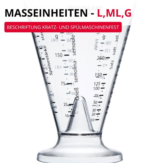Westmark Messbecher, Mit Feinmesskegel, mehrsprachigen Messskalen und verschiedenen Maßeinheiten, Trichterform, Füllvolumen: 0,5 Liter, Kunststoff, Gerda, Transparent, 30762270