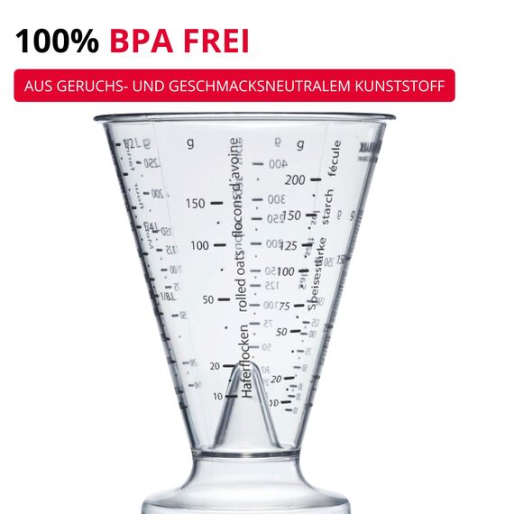 Westmark Messbecher, Mit Feinmesskegel, mehrsprachigen Messskalen und verschiedenen Maßeinheiten, Trichterform, Füllvolumen: 0,5 Liter, Kunststoff, Gerda, Transparent, 30762270