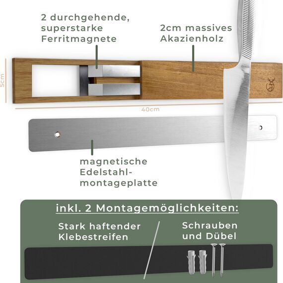 WALDWERK Magnetleiste aus Akazienholz (40x5cm) - Messerhalter für Schwere Messer - Zum Kleben oder Schrauben