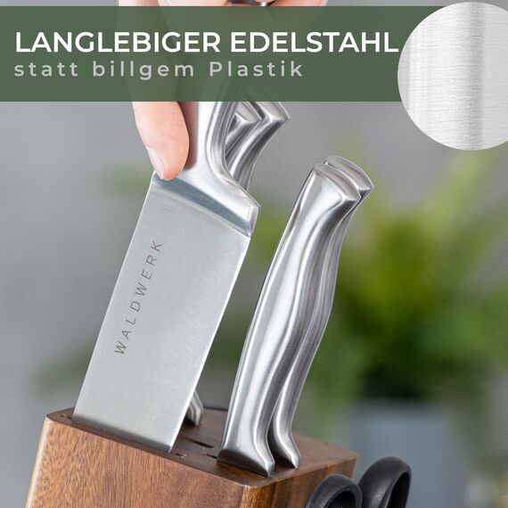 WALDWERK Messerblock - 7-teiliges Messerset mit Messerblock und integriertem Messerschärfer - Block mit Messer - Küchenmesser Set - Messerset mit Block - Messer Set