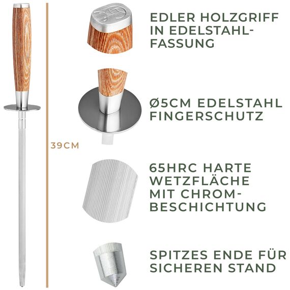 WALDWERK Premium Wetzstahl - Messerschärfer aus gehärtetem Stahl und mit edlem Holzgriff - 100% plastikfreier Wetzstahl für Messer - hochwertiger Messerschleifer - Messer schärfen wie ein Profi