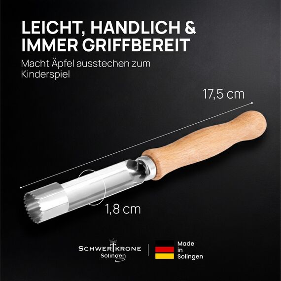 SCHWERTKRONE® Apfelentkerner | Apfelausstecher Edelstahl rostfrei | Holzgriff | Solingen – Made in Germany | Kerngehäuse-Entferner