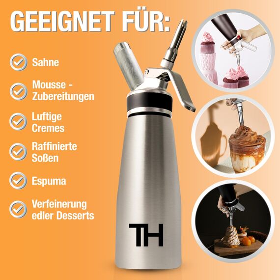 Thiru Sahnespender Edelstahl inkl.Toolbox 500ml - Ideal für Gastronomie - Note "sehr gut" - 100 Tage testen - mit eBook & 5 Edelstahl Tüllen - Sahnesyphon für Schlagsahne, Espuma & warme Speisen