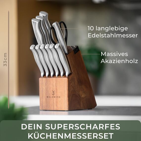WALDWERK 11-teiliges Messerset mit integriertem Messerschärfer - Steakmesser, Küchenmesser Set - Messer Set mit Block