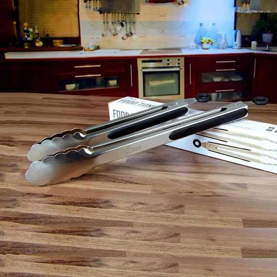 HOTEC Küchenzange Edelstahl Grillzange Hitzebeständigem Silikongriff, Verriegelbare Metallzange, Rutschfester Griff, 23 cm und 30,5 cm(Schwarz)