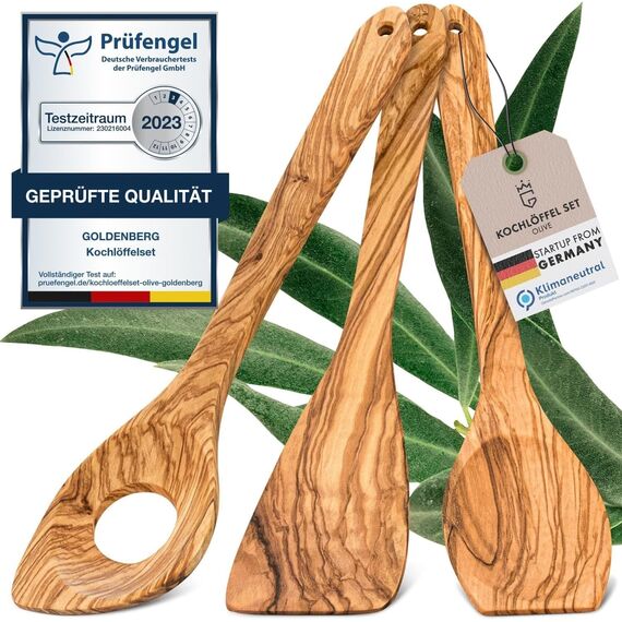 GOLDENBERG® Premium Kochlöffel Set - Made in Europe - feinstes Olivenholz aus Italien - robust, langlebig & antibakteriell -Kochlöffel Holz & Pfannenwender Holz - Kochbesteck Set