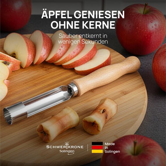 SCHWERTKRONE® Apfelentkerner | Apfelausstecher Edelstahl rostfrei | Holzgriff | Solingen – Made in Germany | Kerngehäuse-Entferner