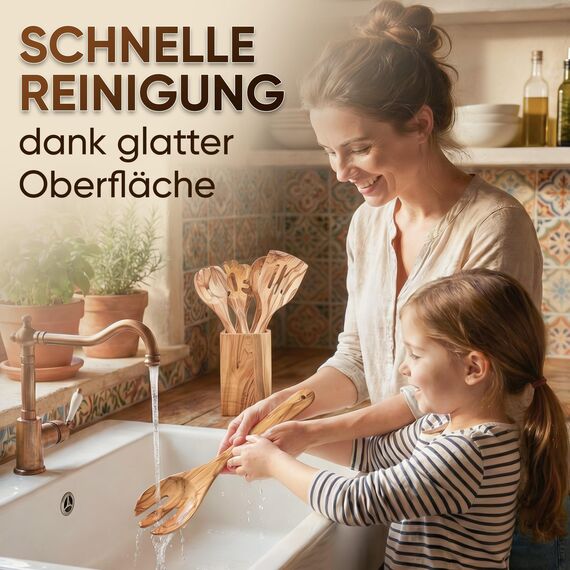 GOLDENBERG® Premium Kochlöffel Set + Halter | 8-teilig | feinstes italienisches Olivenholz | antibakteriell & langlebig | 2x Pfannenwender Holz, 2x Kochlöffel Holz, Salatbesteck & Spaghettilöffel