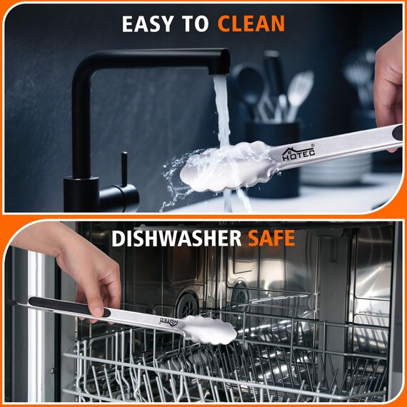 HOTEC Küchenzange Edelstahl Grillzange Hitzebeständigem Silikongriff, Verriegelbare Metallzange, Rutschfester Griff, 23 cm und 30,5 cm(Schwarz)