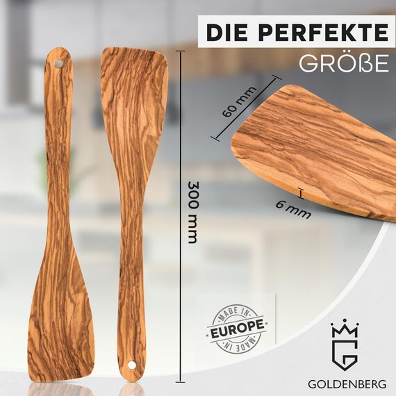 GOLDENBERG® Premium Pfannenwender - Made in Europe - feinstes Olivenholz aus Italien - robust, langlebig & antibakteriell - Holzschaber - Pfannenwender Holz