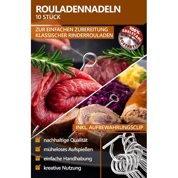 4smile Rouladennadeln - 10 Stück Rouladennadeln Edelstahl rostfrei 10 cm - Handliche Rouladenspieße mit scharfen Spitzen als funktionaler Ersatz für Rouladenklammern