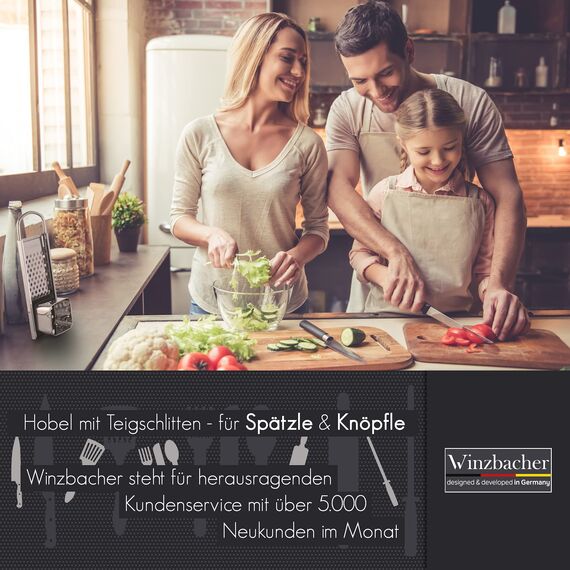 Winzbacher Edelstahl Spätzlehobel mit Teigschlitten [Topf Ø von 16-30cm] Spülmaschinenfest | Rostfrei | Spätzlereibe, Spätzlesieb, Spätzlepresse | für Spätzle & Knöpfle