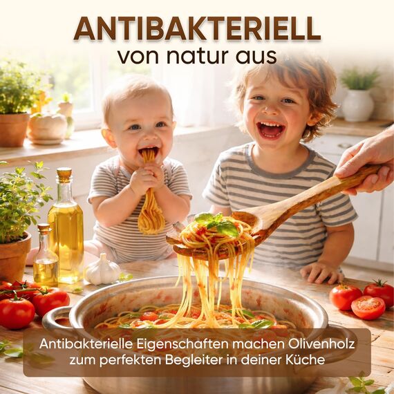 GOLDENBERG® Premium Kochlöffel Set 7-teilig | feinstes italienisches Olivenholz | antibakteriell & langlebig | 2x Pfannenwender Holz, 2x Kochlöffel Holz, Salatbesteck & Spaghettilöffel