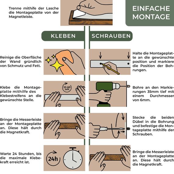 WALDWERK Magnetleiste aus Akazienholz (40x5cm) - Messerhalter für Schwere Messer - Zum Kleben oder Schrauben