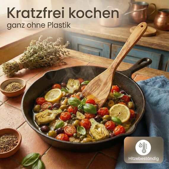 GOLDENBERG® Premium Kochlöffel Set 7-teilig | feinstes italienisches Olivenholz | antibakteriell & langlebig | 2x Pfannenwender Holz, 2x Kochlöffel Holz, Salatbesteck & Spaghettilöffel