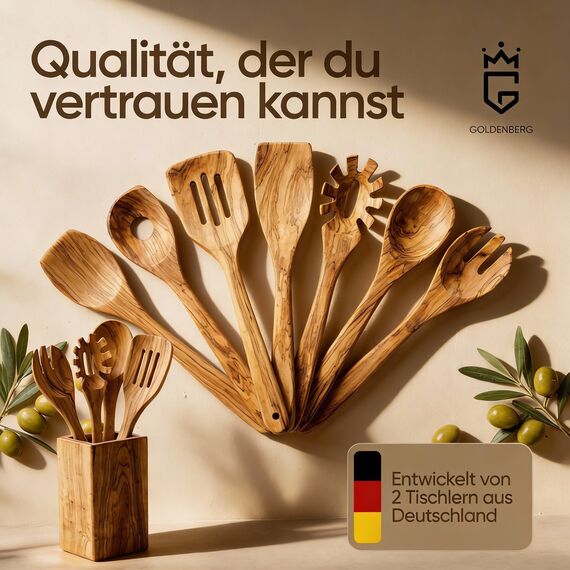 GOLDENBERG® Premium Pfannenwender Holz | feinstes italienisches Olivenholz | antibakteriell & hitzebeständig | Holzwender zum Braten & als Kochlöffel | ideal für beschichtete Pfannen