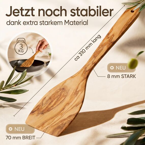 GOLDENBERG® Premium Kochlöffel Set + Halter | 8-teilig | feinstes italienisches Olivenholz | antibakteriell & langlebig | 2x Pfannenwender Holz, 2x Kochlöffel Holz, Salatbesteck & Spaghettilöffel