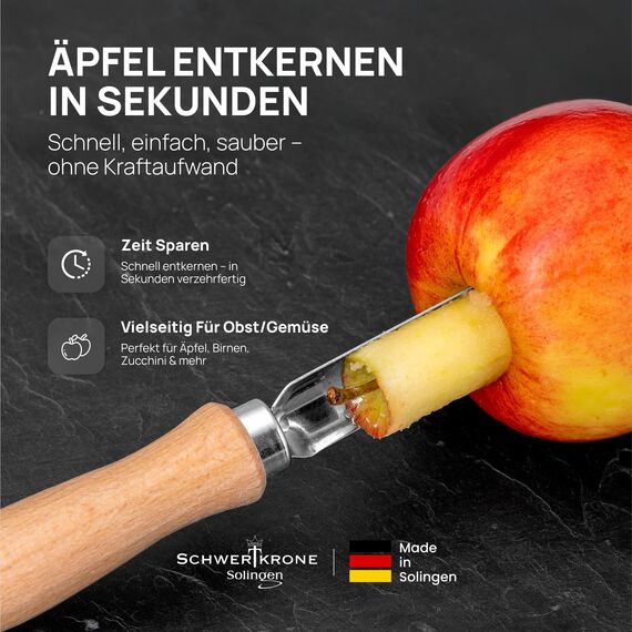 SCHWERTKRONE® Apfelentkerner | Apfelausstecher Edelstahl rostfrei | Holzgriff | Solingen – Made in Germany | Kerngehäuse-Entferner