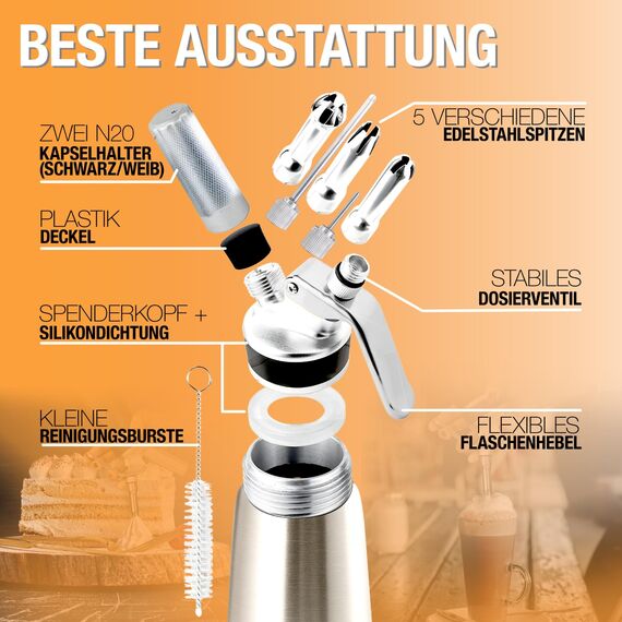 Thiru Sahnespender Edelstahl inkl.Toolbox 500ml - Ideal für Gastronomie - Note "sehr gut" - 100 Tage testen - mit eBook & 5 Edelstahl Tüllen - Sahnesyphon für Schlagsahne, Espuma & warme Speisen