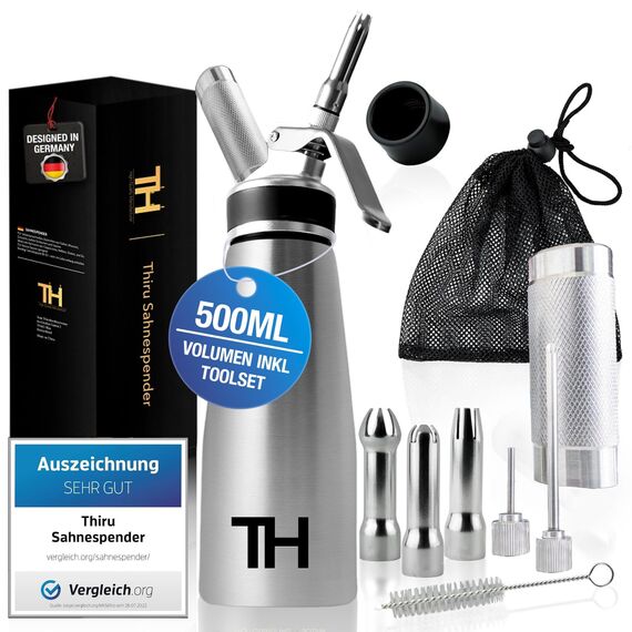 Thiru Sahnespender Edelstahl inkl.Toolbox 500ml - Ideal für Gastronomie - Note "sehr gut" - 100 Tage testen - mit eBook & 5 Edelstahl Tüllen - Sahnesyphon für Schlagsahne, Espuma & warme Speisen