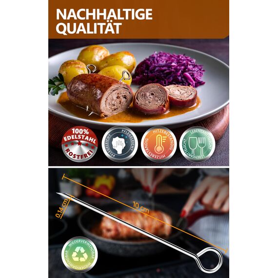 4smile Rouladennadeln - 60 Stück Rouladennadeln Edelstahl rostfrei 10 cm - Handliche Rouladenspieße mit scharfen Spitzen als funktionaler Ersatz für Rouladenklammern