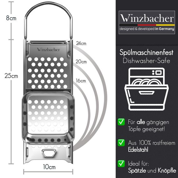 Winzbacher Edelstahl Spätzlehobel mit Teigschlitten [Topf Ø von 16-30cm] Spülmaschinenfest | Rostfrei | Spätzlereibe, Spätzlesieb, Spätzlepresse | für Spätzle & Knöpfle