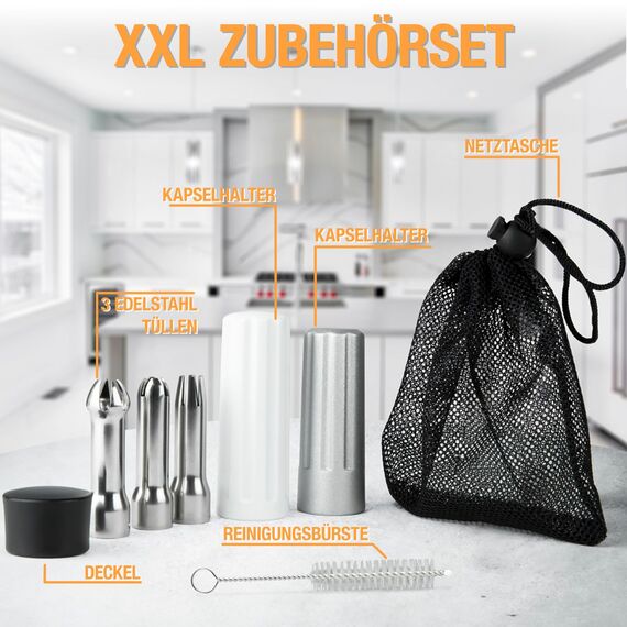 Thiru Sahnespender inkl.Toolbox - Note sehr gut - 100 Tage testen - Sahnesyphon mit eBook & 3 Edelstahl Tüllen - Sahnesyphon für Schlagsahne, Espuma & warme Speisen (Schneeweiß)