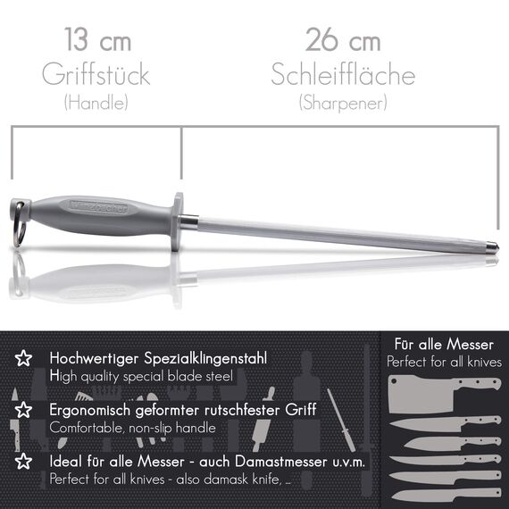 Winzbacher [39cm] Profi Messerschärfer Wetzstahl – aus gehärtetem Spezialstahl | Messerschaerfer Messerschleifer | ergonomisch geformter Soft-Touch Griff mit Fingerschutz