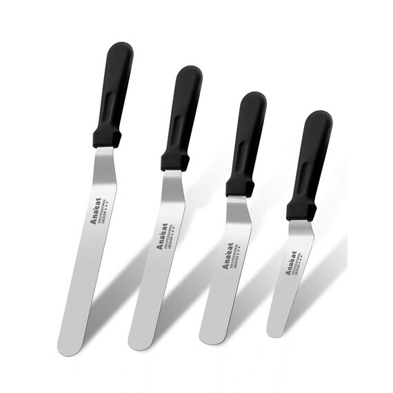 Anaeat Zuckergussspatel, 4er-Set professioneller, abgewinkelter Tortenspatel mit Edelstahlklingen in 4 Größen - verdicktes Glasurmesser mit Kunststoffgriff zum Dekorieren von Torten, Gebäck und Backen