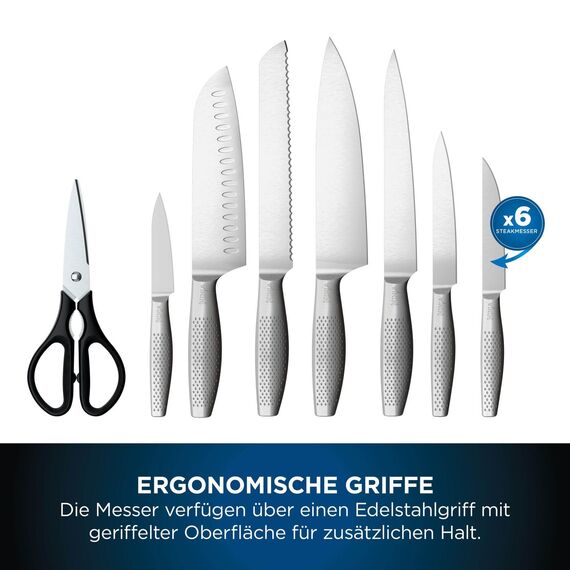 Ninja StaySharp 14-teiliges Edelstahl-Messerset mit Holzblock und integriertem Schärfer, Schwarz K62014EUUK, Holzkohle