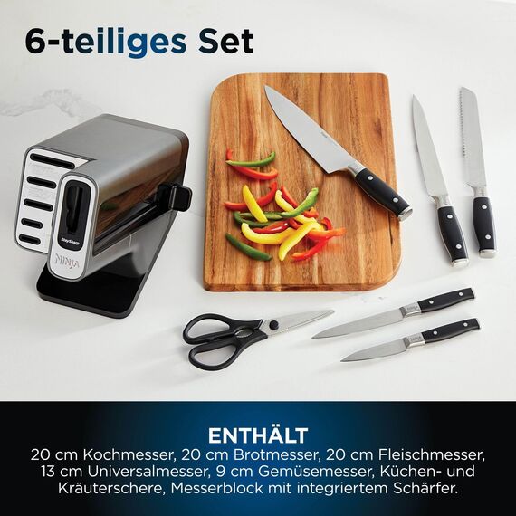 Ninja Foodi StaySharp Messerblock mit integriertem Schärfer, 6-teiliges Set, mit Küchen- und Kräuterschere, Edelstahl, K32006EU
