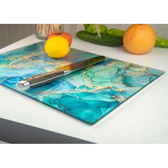 Kitchenville Glasschneidebrett 40×30 cm – Hygienisches Schneidebrett aus gehärtetem Glas – Hitzebeständig, Kratzfest & Rutschfest – Glasplatte für die Küche – Türkis Ocean