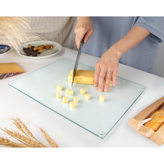 Kitchenville Glasschneidebrett 40×30 cm – Hygienisches Schneidebrett aus gehärtetem Glas – Hitzebeständig, Kratzfest & Rutschfest – Glasplatte für die Küche – Transparentes Design
