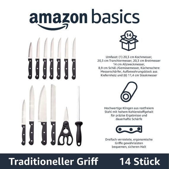Amazon Basics Messerblock Set, 14 Stück, Schwarz
