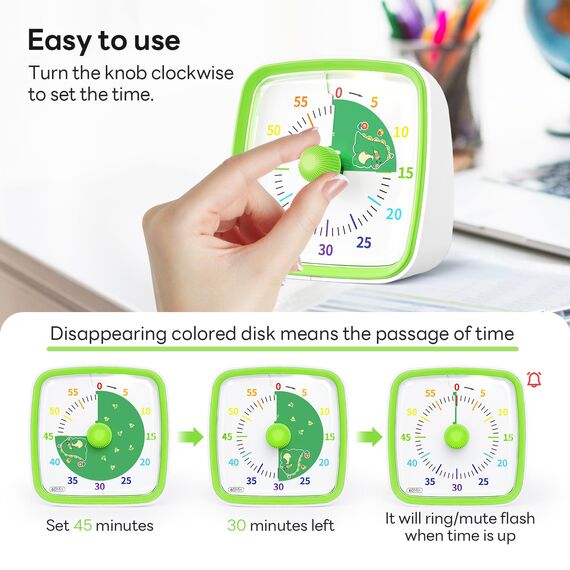 Yunbaoit Visueller Timer für Kinder & Erwachsene, 60 Minuten Dinosaurier Countdown Timer mit Stummer Flash Funktion, Zeitmanagement Tool für Klassenzimmer, Haus, Küche, Büro (Grün)
