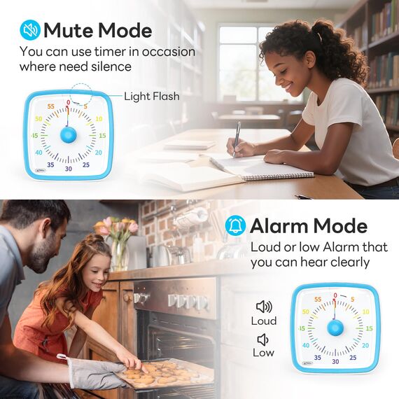 Yunbaoit Visueller Timer für Kinder & Erwachsene, 60 Minuten Regenbogen Countdown Timer mit Stummer Flash Funktion, Zeitmanagement Tool für Klassenzimmer, Haus, Küche, Büro (Blau)