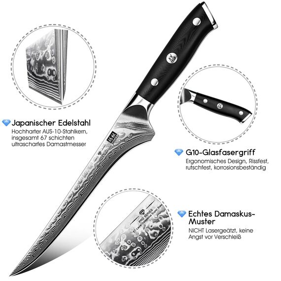 SHAN ZU Damast Filetiermesser 18 cm Küchenmesser, Ausbeinmesser aus 67 Lagen Japanischem Damaststahl, Professionelles Fischfiliermesser, Scharfes Fischmesser mit Ergonomischem G10-Griff - PRO Series