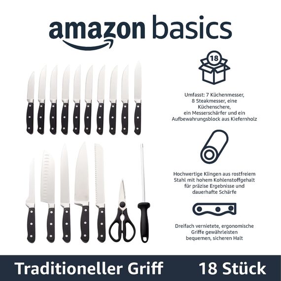 Amazon Basics Premium Messerblock, 18 Stück, Schwarz
