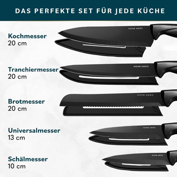 Home Hero Messerset mit Messerschärfer - Scharfe Küchenmesser Set - Messerblock Kochmesser Set Edelstahl Messer Set (5 Messer, 5 Scheiden, Messerschärfer - Schwarz)