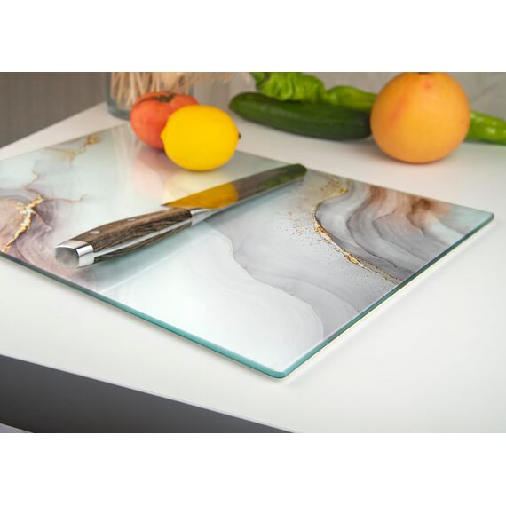 Kitchenville Glasschneidebrett 40×30 cm – Hygienisches Schneidebrett aus gehärtetem Glas – Hitzebeständig, Kratzfest & Rutschfest – Glasplatte für die Küche – Weiß & Gold